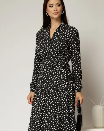 Rochie neagra midi din viscoza si imprimeu cu buline