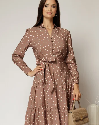 Rochie maro midi din viscoza si imprimeu cu buline