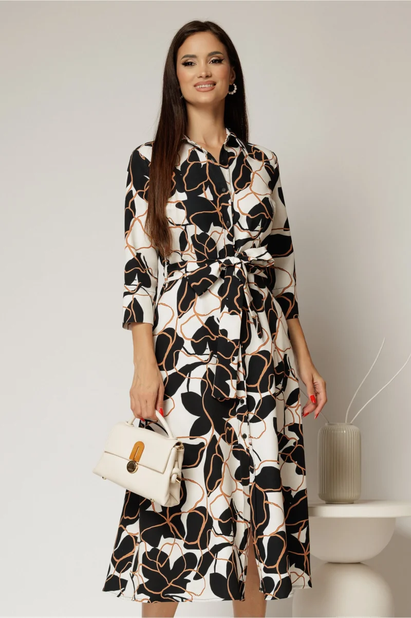 Rochie de zi midi neagra cu imprimeuri bej tip camasa cu cordon in talie