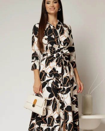 Rochie de zi midi neagra cu imprimeuri bej tip camasa cu cordon in talie