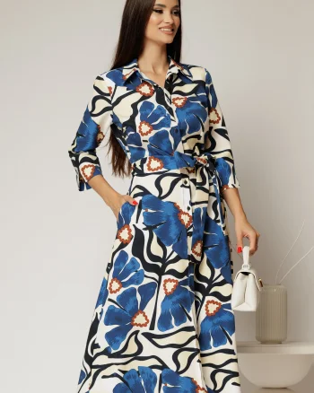 Rochie de zi midi ivoar cu imprimeuri albastre tip camasa cu cordon in talie