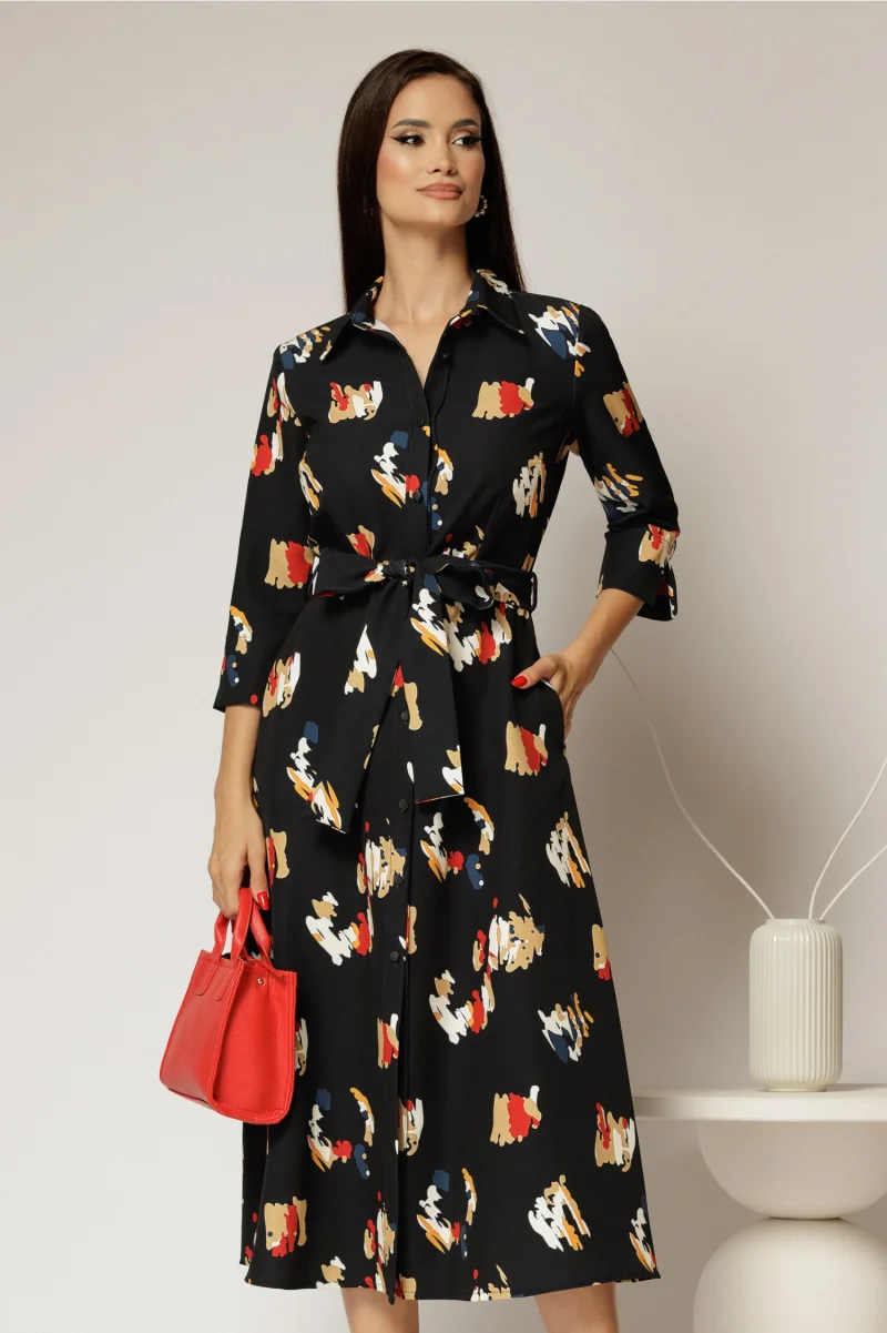 Rochie de zi midi neagra cu imprimeuri tip camasa cu cordon in talie