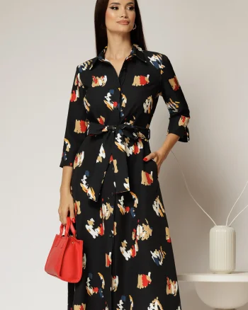 Rochie de zi midi neagra cu imprimeuri tip camasa cu cordon in talie