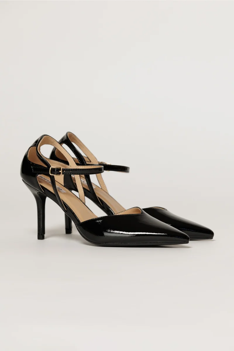 Pantofi eleganti negri aspect lucios cu bareta si decupaj lateral