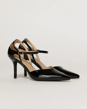 Pantofi eleganti negri aspect lucios cu bareta si decupaj lateral