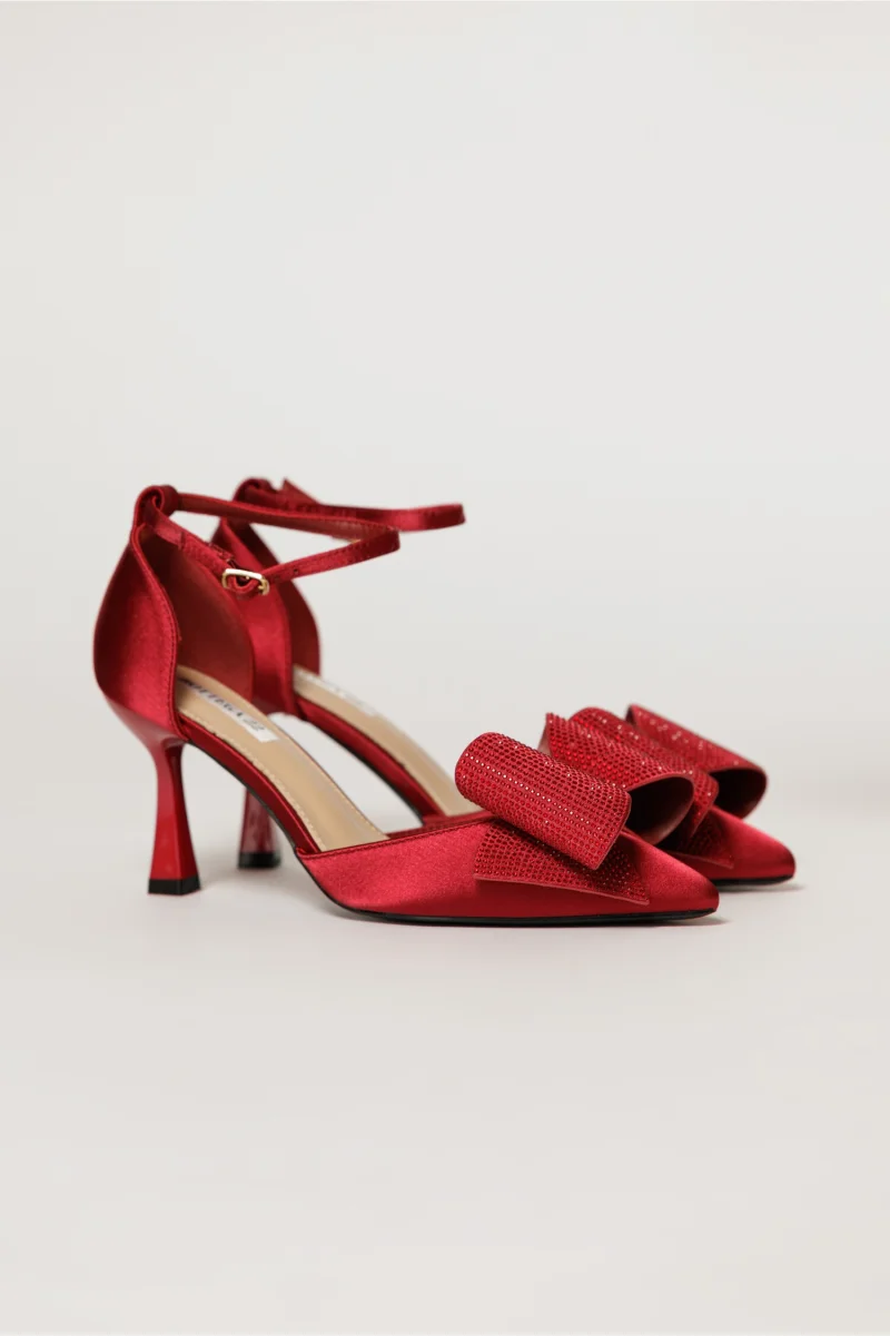 Pantofi eleganti bordo din material satinat cu funda maxi stralucitoare