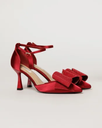 Pantofi eleganti bordo din material satinat cu funda maxi stralucitoare