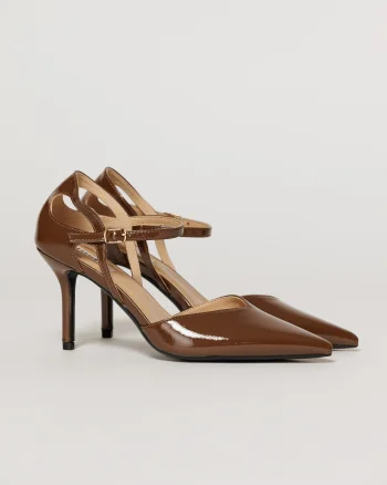 Pantofi eleganti maro aspect lucios cu bareta si decupaj lateral