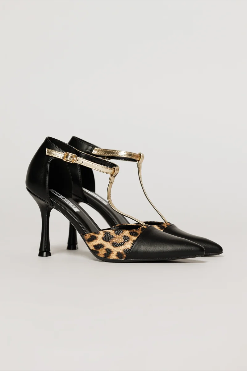 Pantofi negri cu insertie imprimeu leopard si bareta aurie