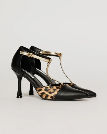 Pantofi negri cu insertie imprimeu leopard si bareta aurie