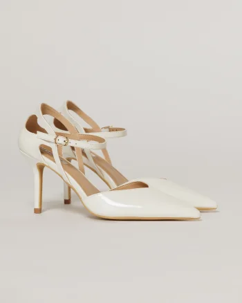 Pantofi eleganti albi aspect lucios cu bareta si decupaj lateral