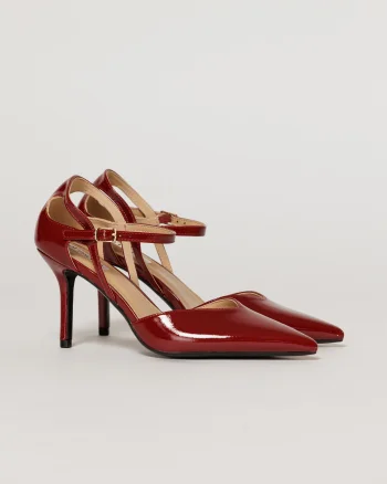 Pantofi eleganti bordo aspect lucios cu bareta si decupaj lateral