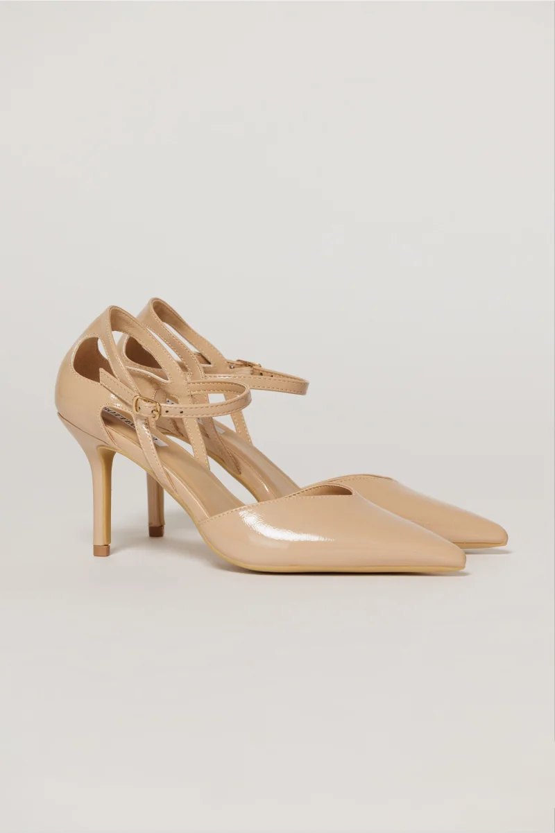 Pantofi eleganti bej aspect lucios cu bareta si decupaj lateral