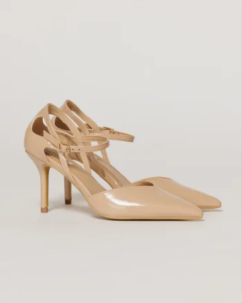 Pantofi eleganti bej aspect lucios cu bareta si decupaj lateral