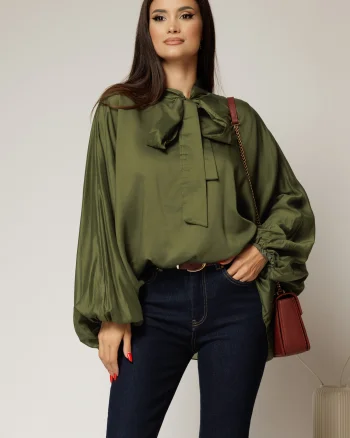 Camasa verde olive din tencel cu maneca ampla si guler tip esarfa