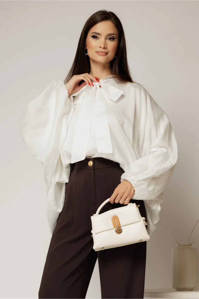 Camasa alba din tencel cu maneca ampla si guler tip esarfa