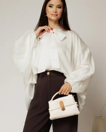 Camasa alba din tencel cu maneca ampla si guler tip esarfa