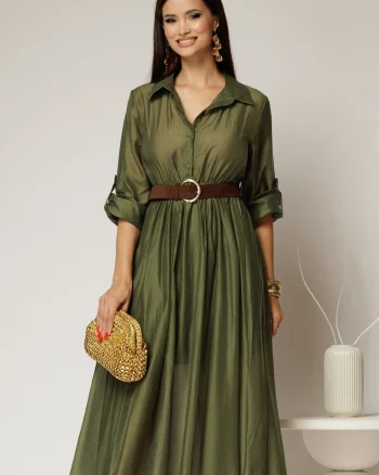 Rochie midi verde olive din tencel si curea maro in talie