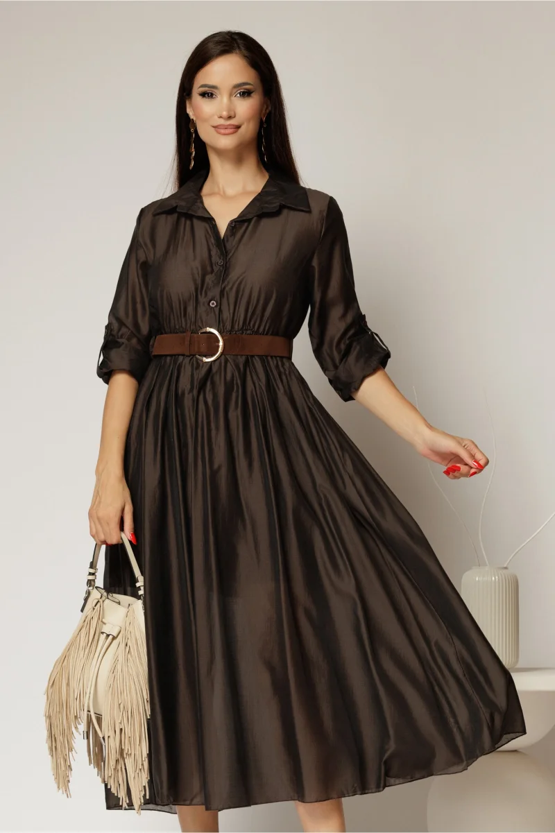 Rochie midi maro intens din tencel si curea maro in talie