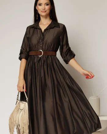 Rochie midi maro intens din tencel si curea maro in talie
