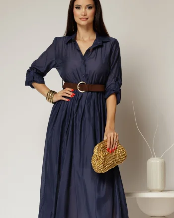 Rochie midi bleumarin din tencel si curea maro in talie