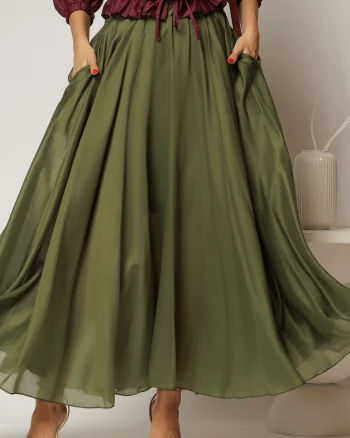 Fusta midi verde olive clos din tencel casual eleganta