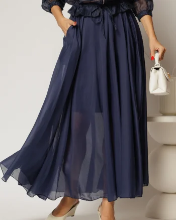 Fusta midi bleumarin clos din tencel casual eleganta