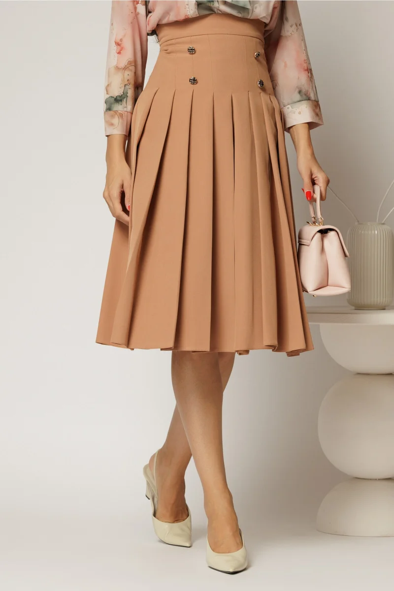 Fusta DY Fashion midi maro camel cu pliuri si nasturi decorativi