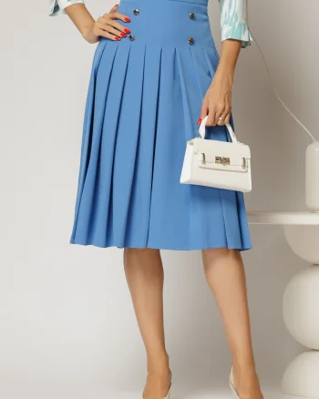 Fusta DY Fashion midi bleu cu pliuri si nasturi decorativi