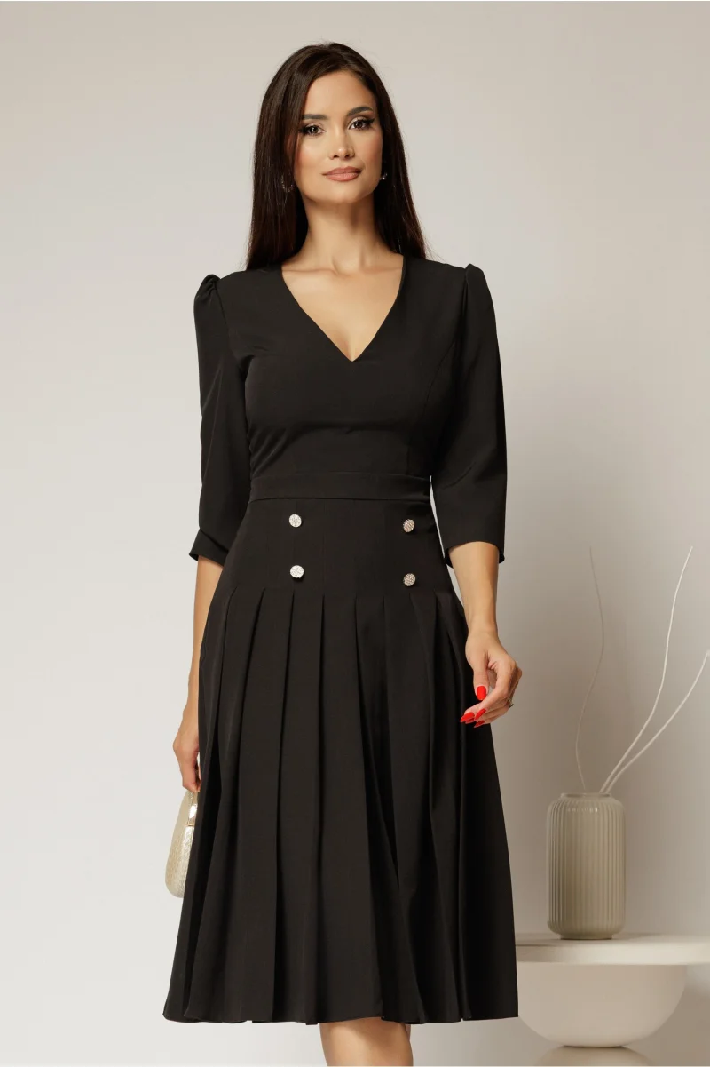 Rochie DY Fashion neagra cu decolteu adanc si fusta plisata