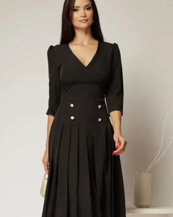 Rochie DY Fashion neagra cu decolteu adanc si fusta plisata