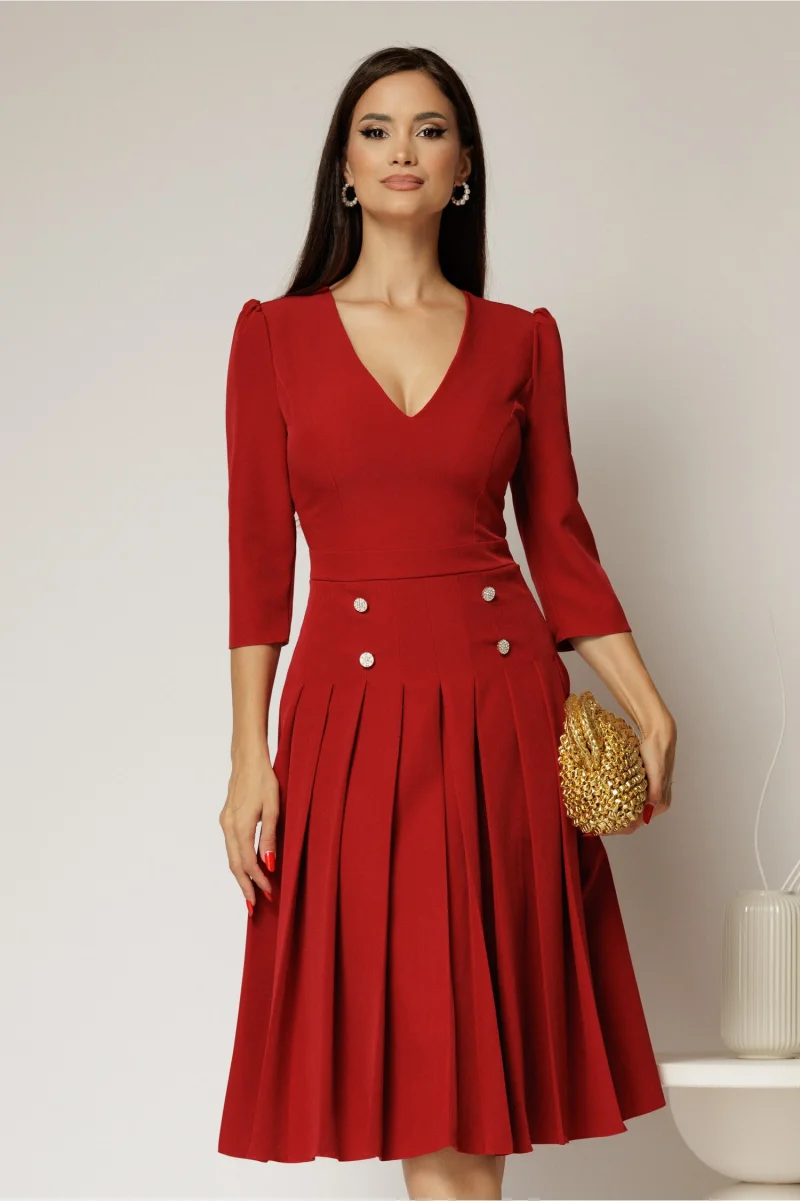 Rochie DY Fashion bordo cu decolteu adanc si fusta plisata