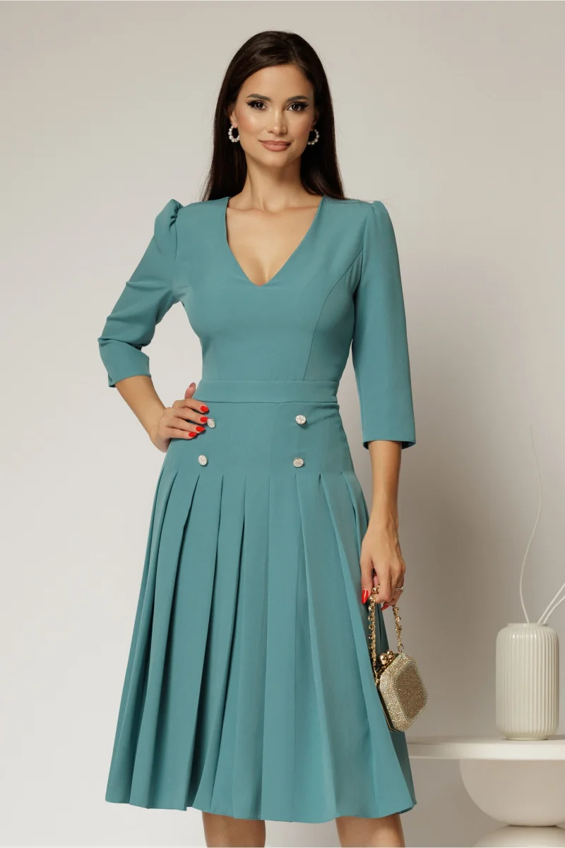 Rochie DY Fashion albastra cu decolteu adanc si fusta plisata