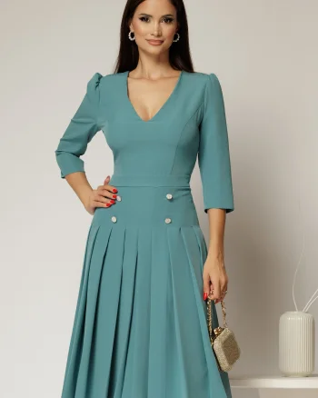 Rochie DY Fashion albastra cu decolteu adanc si fusta plisata