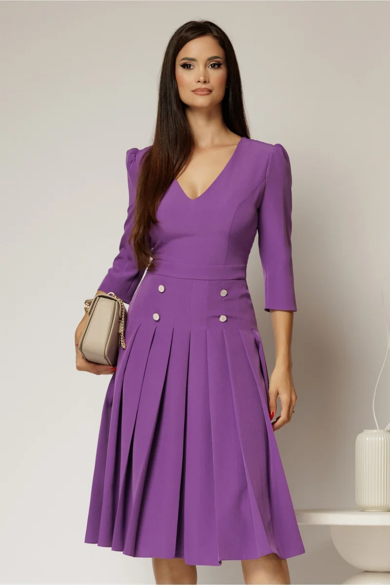 Rochie DY Fashion mov cu decolteu adanc si fusta plisata