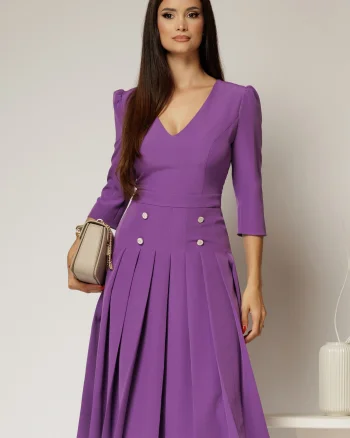 Rochie DY Fashion mov cu decolteu adanc si fusta plisata