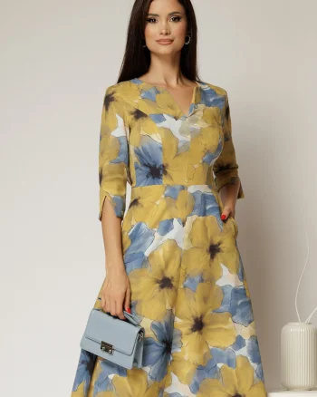 Rochie midi galben mustar cu imprimeu floral bleu