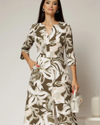 Rochie midi cu imprimeu floral in nuante de kaki si orange