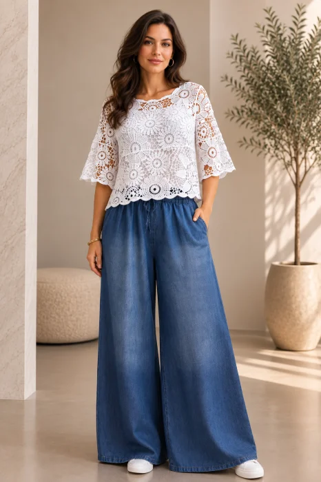 Pantaloni din tencel, cu croi palazzo si talie elastica, albastru jeans