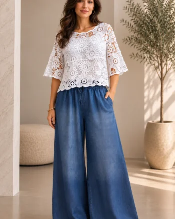 Pantaloni din tencel, cu croi palazzo si talie elastica, albastru jeans