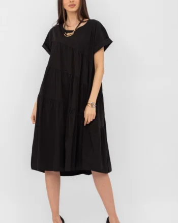 Rochie din poplin satinat cu volane oblice, neagra