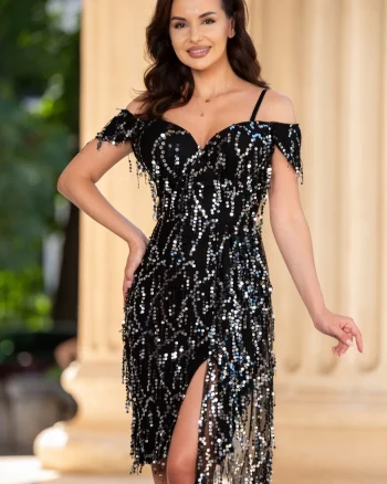 Rochie de ocazie cambrata cu franjuri din paiete argintii