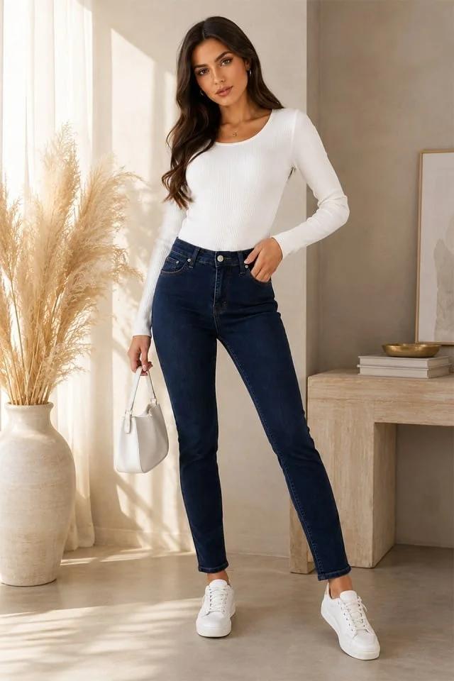 Blugi skinny extra elastan Bellagio, cu talie inalta, Bleumarin