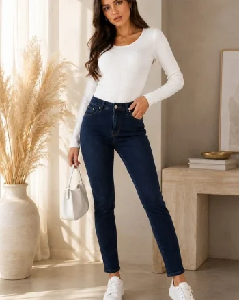 Blugi skinny extra elastan Bellagio, cu talie inalta, Bleumarin