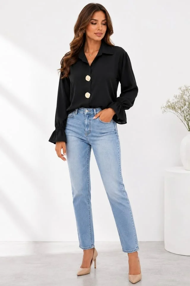 Camasa office, dama MELISAN, cu nasturi brosa si basic, Negru, Marime S/M/L