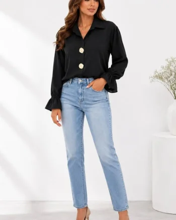 Camasa office, dama MELISAN, cu nasturi brosa si basic, Negru, Marime S/M/L