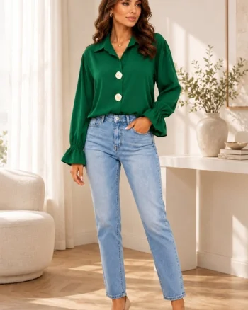 Camasa eleganta MELISAN, cu nasturi brosa si basic, Verde, Marime S/M/L