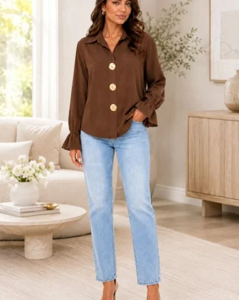 Camasa eleganta de dama MELISAN, cu nasturi brosa si basic, MARO Ciocolata, Marime S/M/L