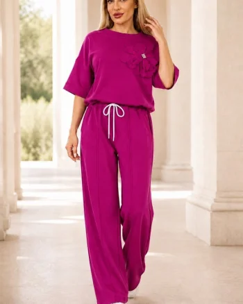 Compleu casual, doua piese Solenne, cu detaliu floral si cristale, Fucsia, Marime S/M/L