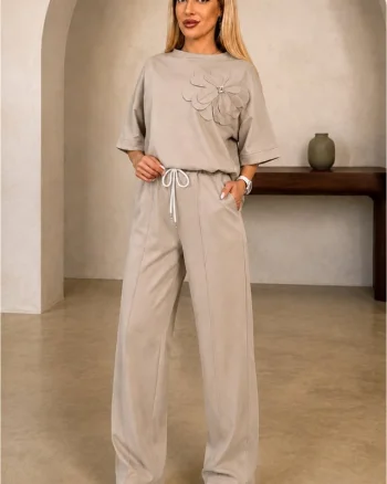 Compleu casual, doua piese Solenne, cu detaliu floral si cristale, BEJ, Marime S/M/L
